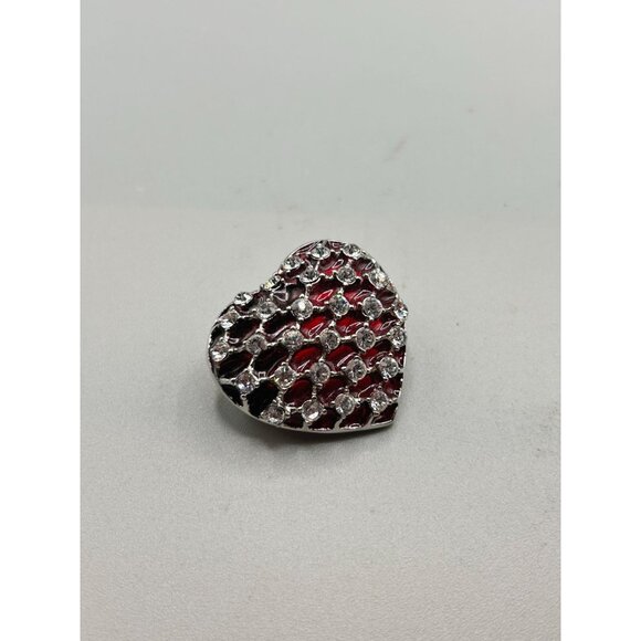 Vintage Heart Pin Brooch Red Poured Resin and Rhinestones Red Heart Love Pin - Picture 3 of 9